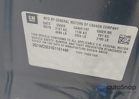 2016 Chevrolet Impala Limited Ltz из США, поврежденный, VIN 2G1WC5E31G1161448